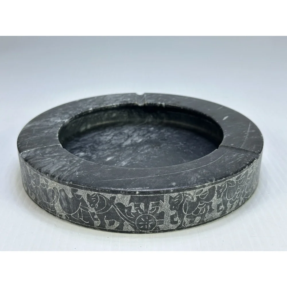 Vintage Black Stone Ashtray Carved Animals Horse Wagon Marble Soapstone Heavy